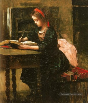 romantique romantisme Tableau Peinture - Fillete A L etude En Train D Ecrire Plein Air Romantisme Jean Baptiste Camille Corot